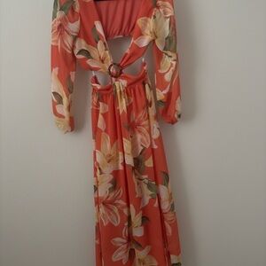 Elegant Orange Floral Long Sleeve Dress